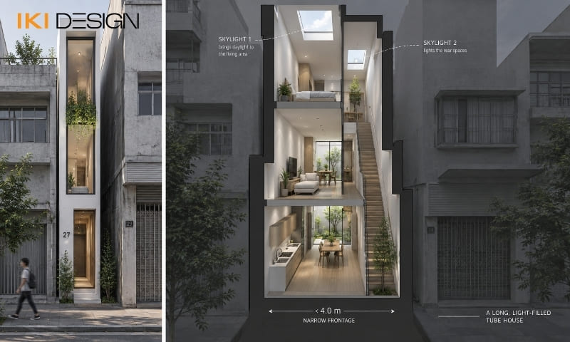 Bố trí nhà phố mặt tiền hẹp trên 50m2 hai giếng trời