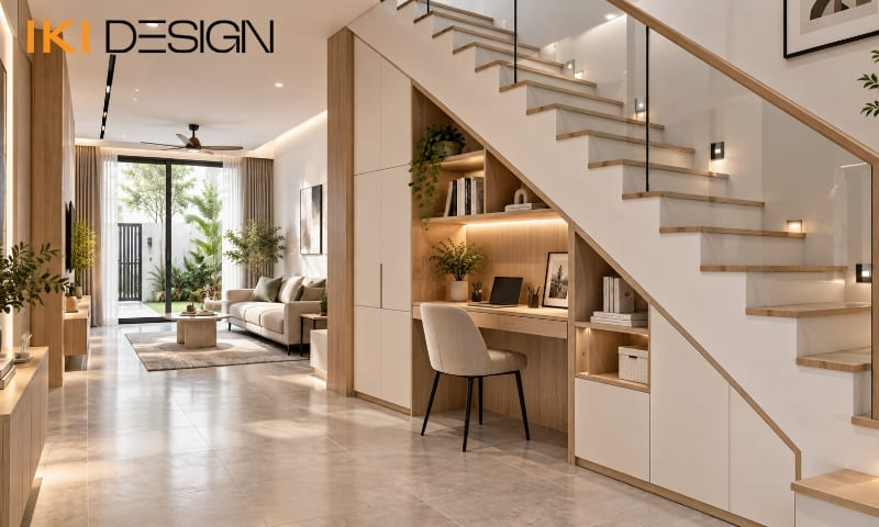 Tận dụng gầm cầu thang làm tủ lưu trữ nhà phố diện tích nhỏ