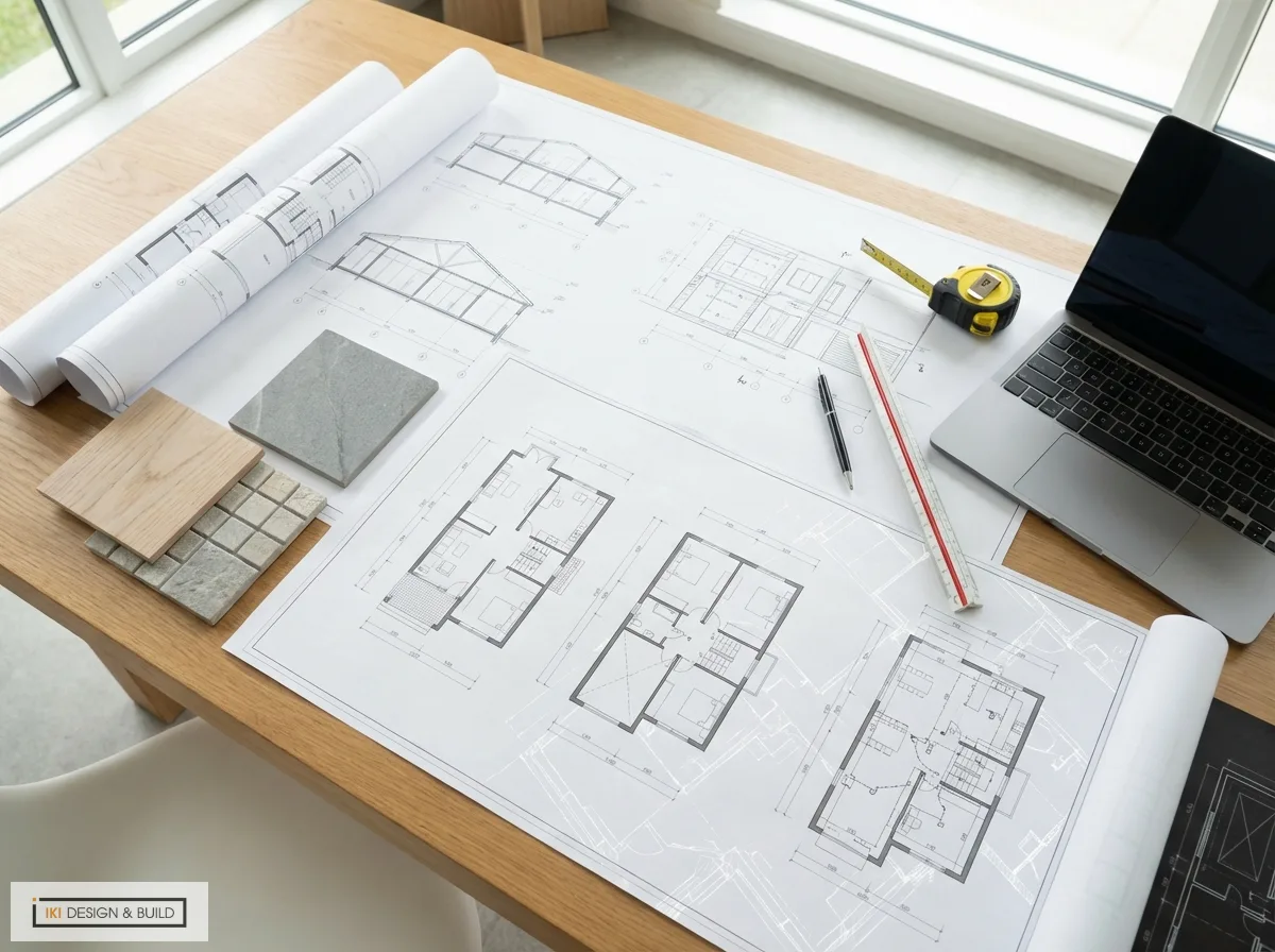 Bàn làm việc kiến trúc sư với hồ sơ bản vẽ kỹ thuật kiến trúc, mẫu vật liệu gỗ đá, thước đo và laptop dưới ánh sáng tự nhiên