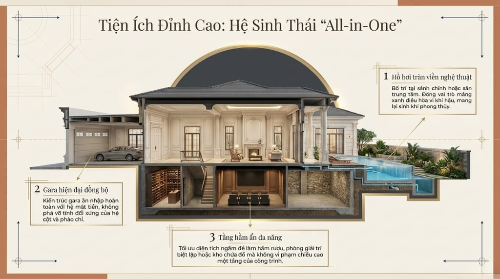 Biệt thự 1 tầng có hồ bơi – gara – tầng hầm