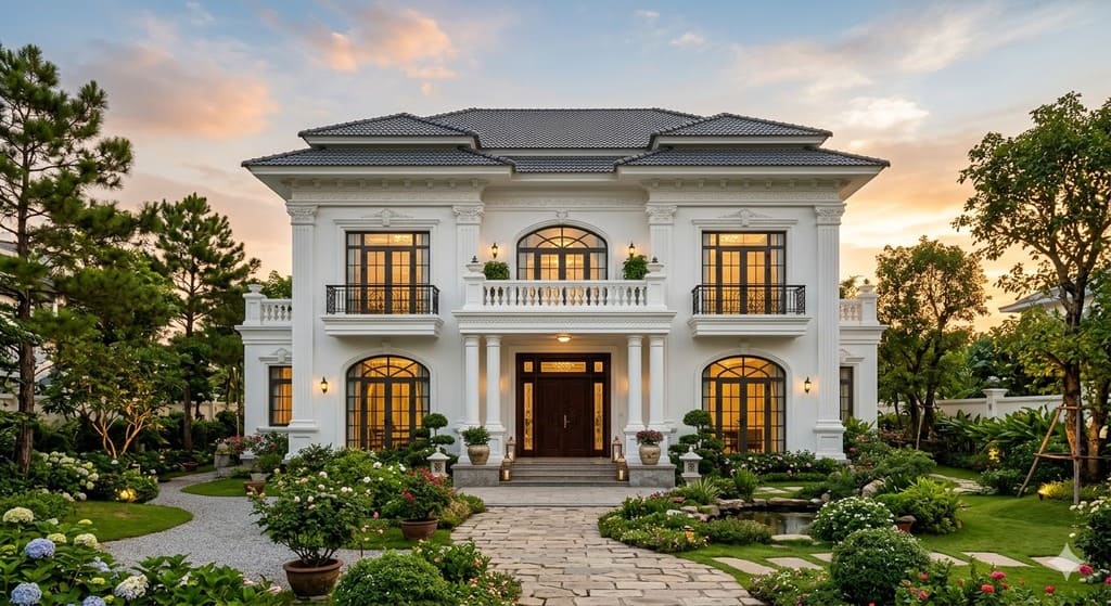 Mẫu biệt thự 2 tầng tân cổ điển mái Nhật
