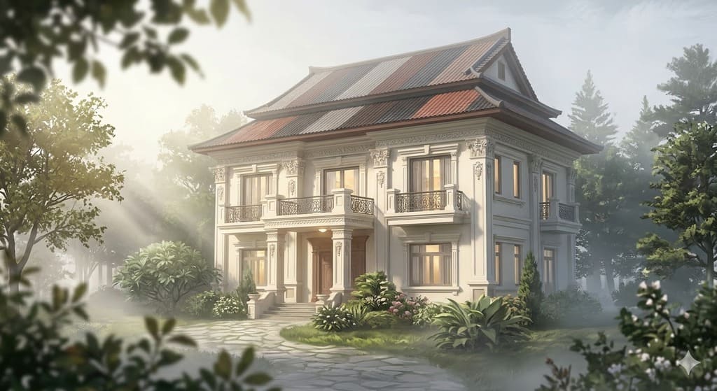 Mẫu biệt thự 2 tầng tân cổ điển mái Nhật