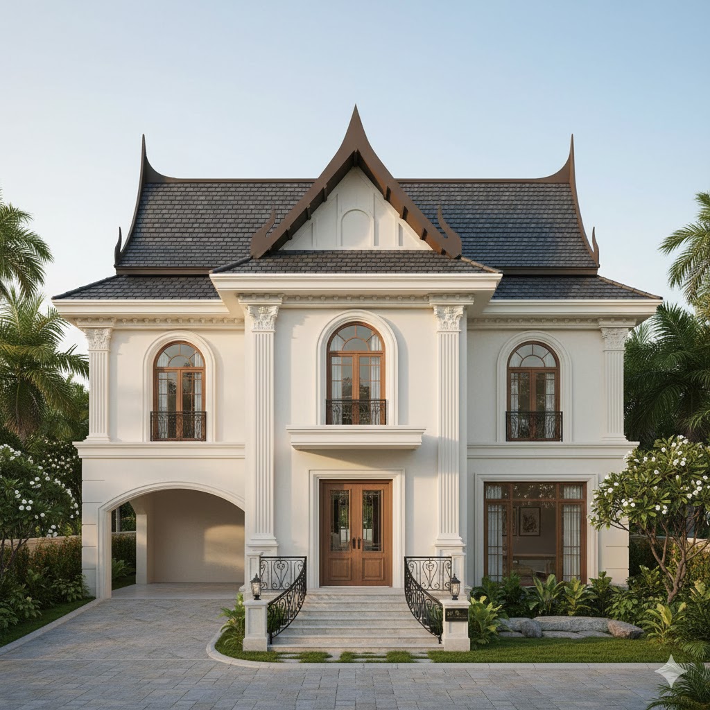 Thiết kế biệt thự 2 tầng tân cổ điển mái Thái Thiết kế biệt thự 2 tầng tân cổ điển mái Thái