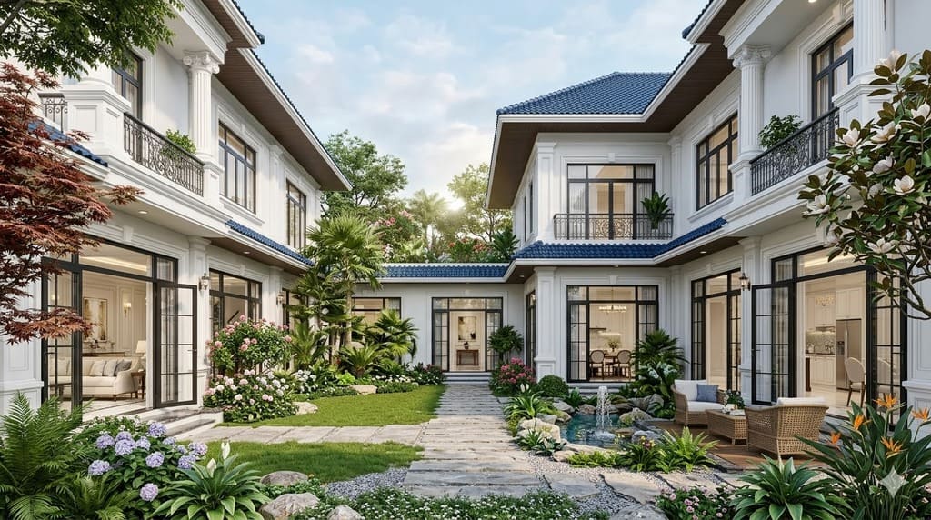 Biệt thự tân cổ điển chữ L 3 tầng kiểu Pháp
