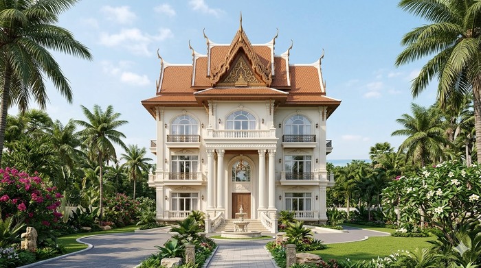 Thiết kế biệt thự 4 tầng tân cổ điển mái Thái thanh thoát