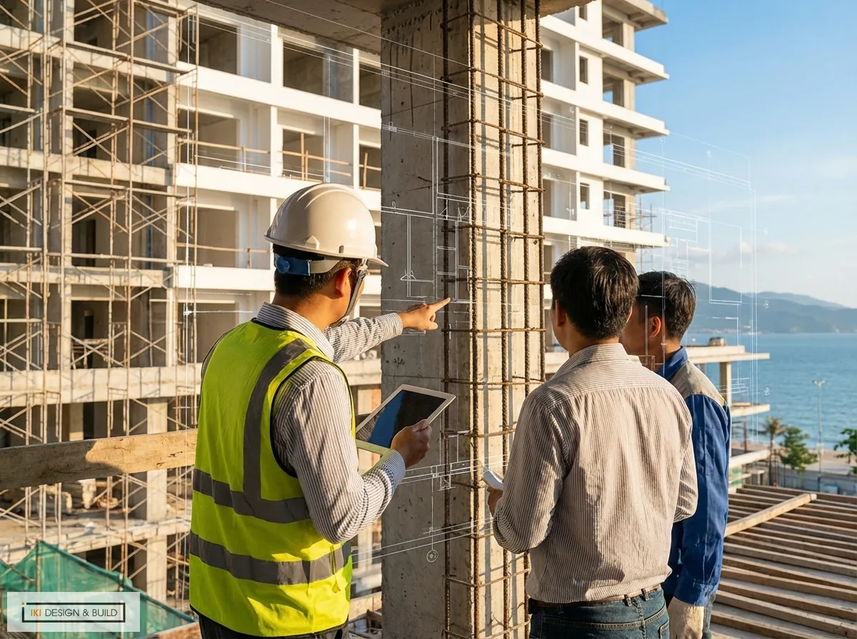 Ba kỹ sư tại công trường đang giám sát thi công, xem bản vẽ kỹ thuật qua lớp overlay trên cột bê tông và cốt thép, dùng máy tính bảng