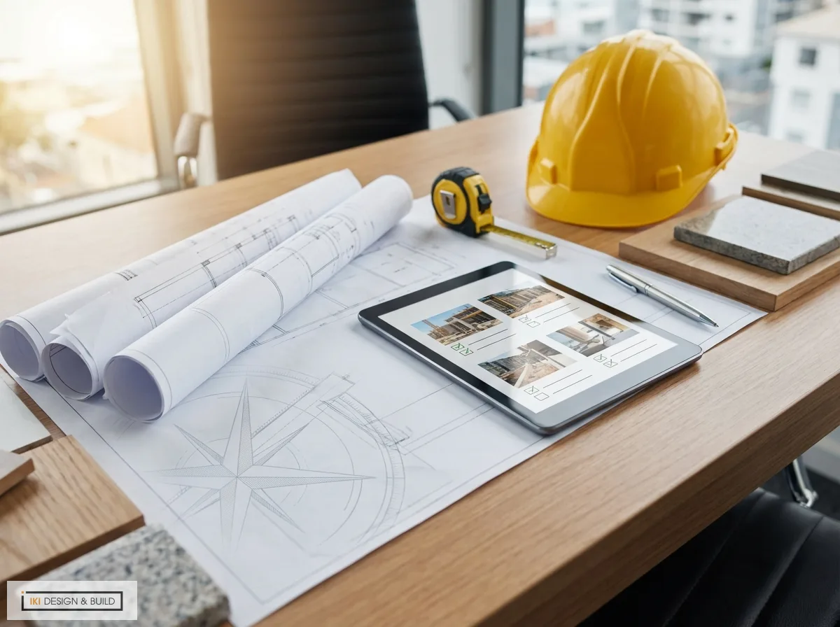 Bàn làm việc kiến trúc sư với bản vẽ, máy tính bảng kiểm tra tiến độ thi công, mũ bảo hiểm, mẫu vật liệu và thước dây