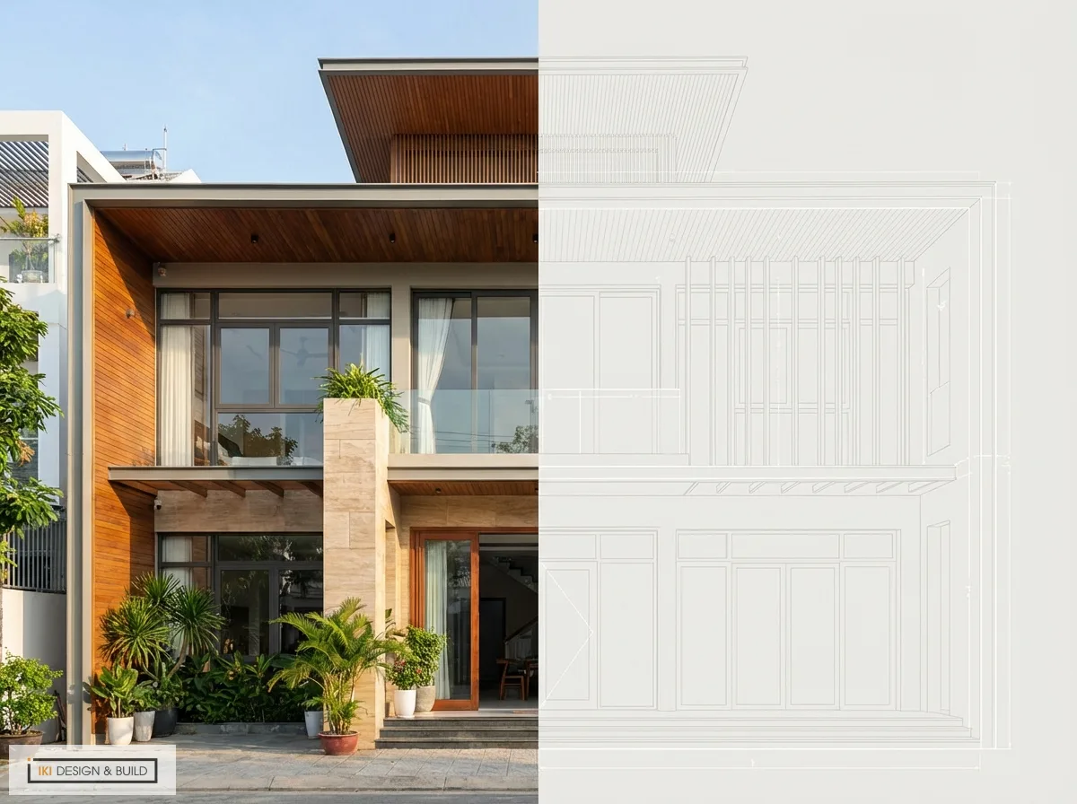 Mặt tiền nhà phố hiện đại gỗ ốp, kính lớn và trụ đá kết hợp bản vẽ kỹ thuật hỗ trợ khảo sát hiện trạng công trình