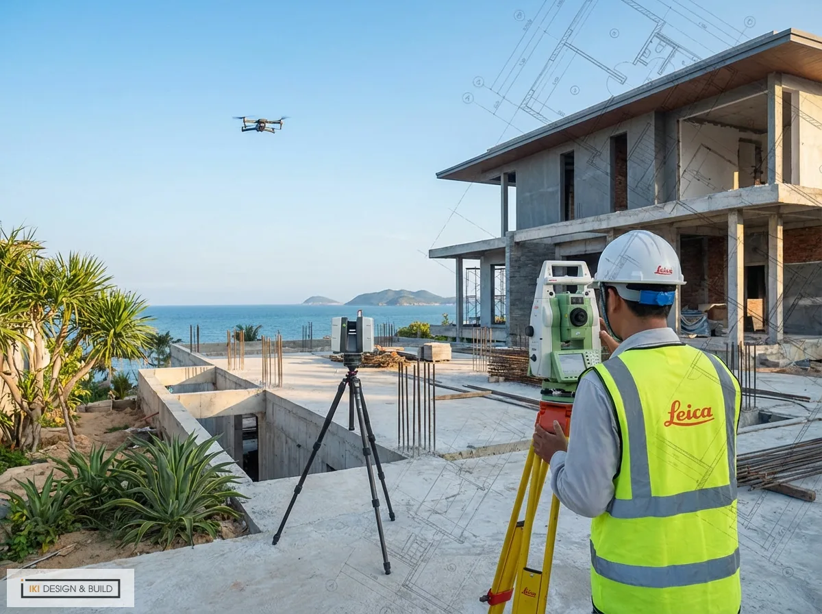 Kỹ sư dùng máy toàn đạc và máy quét laser 3D để khảo sát công trình ven biển, với flycam và lớp blueprint