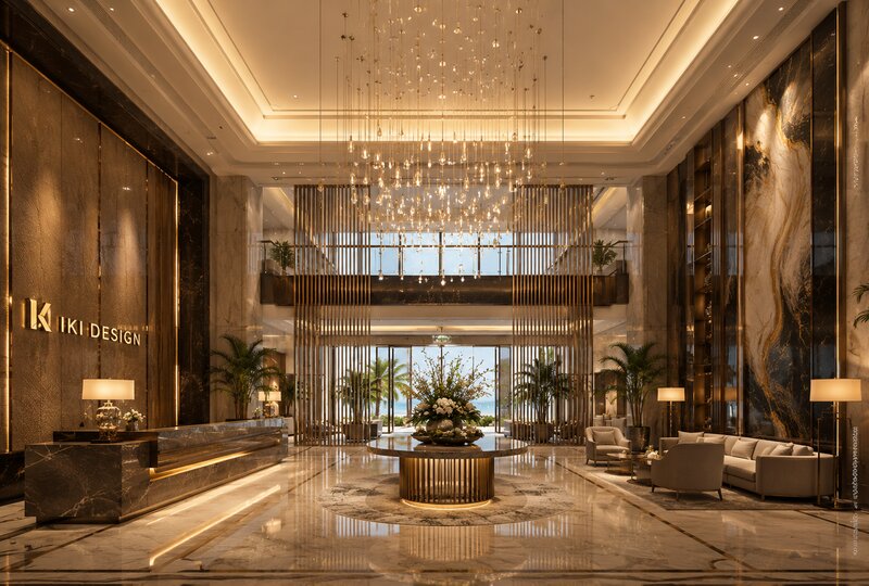Sảnh khách sạn phong cách Luxury với vật liệu cao cấp và ánh sáng ấm Sảnh khách sạn phong cách Luxury với vật liệu cao cấp và ánh sáng ấm
