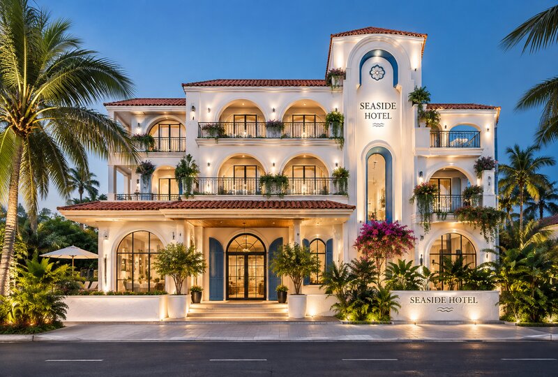 Mặt tiền khách sạn phong cách Mediterranean với tường trắng và mái ngói đỏ Mặt tiền khách sạn phong cách Mediterranean với tường trắng và mái ngói đỏ
