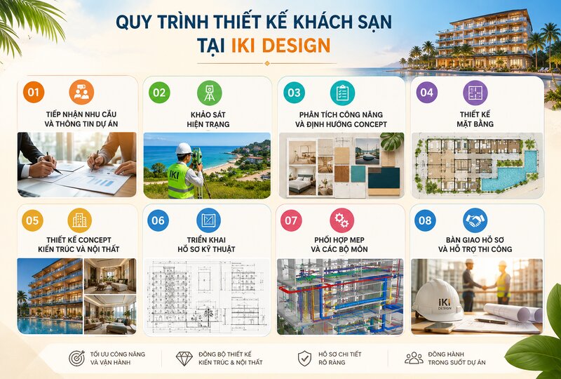 Sơ đồ 8 bước quy trình thiết kế khách sạn tại IKI Design Sơ đồ 8 bước quy trình thiết kế khách sạn tại IKI Design