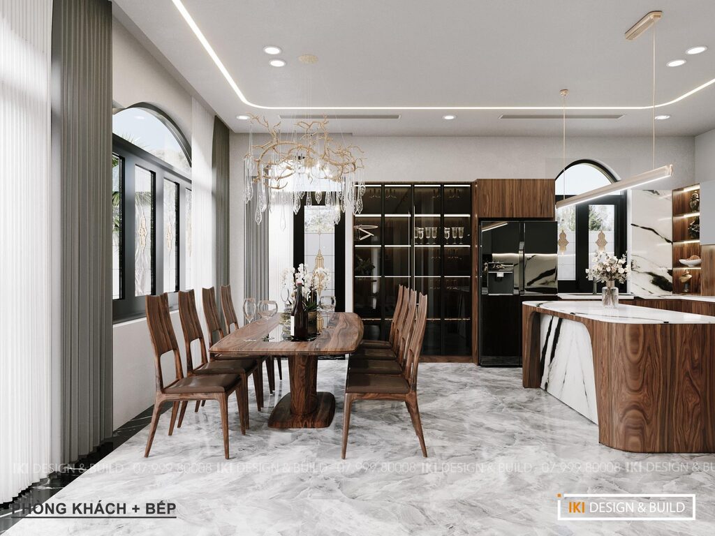 Mẫu phòng bếp biệt thự tân cổ điển với gỗ óc chó hiện đại, sang trọng Mẫu phòng bếp biệt thự tân cổ điển với gỗ óc chó hiện đại, sang trọng
