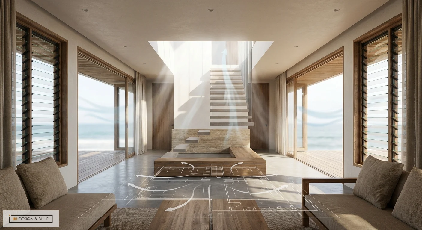 Không gian nội thất biệt thự ven biển với giếng trời, cửa sổ lá sách và bản vẽ overlay thể hiện luồng thông gió tự nhiên
