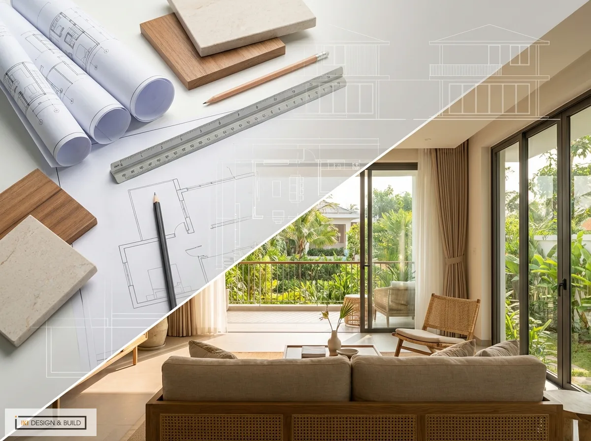 Bàn kiến trúc sư với bản vẽ, mẫu vật liệu và phòng khách hoàn thiện, thể hiện quy trình thiết kế thi công trọn gói, có lớp overlay blueprint