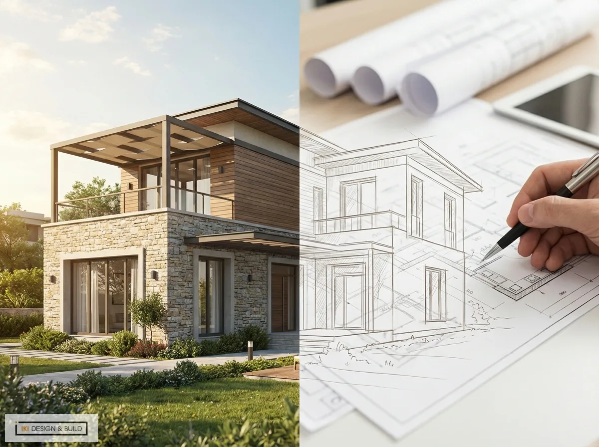 Mẫu nhà 2 tầng hiện đại với vật liệu đá, gỗ, phối hợp bàn kiến trúc sư đang phác thảo bản vẽ thiết kế xây nhà trọn gói