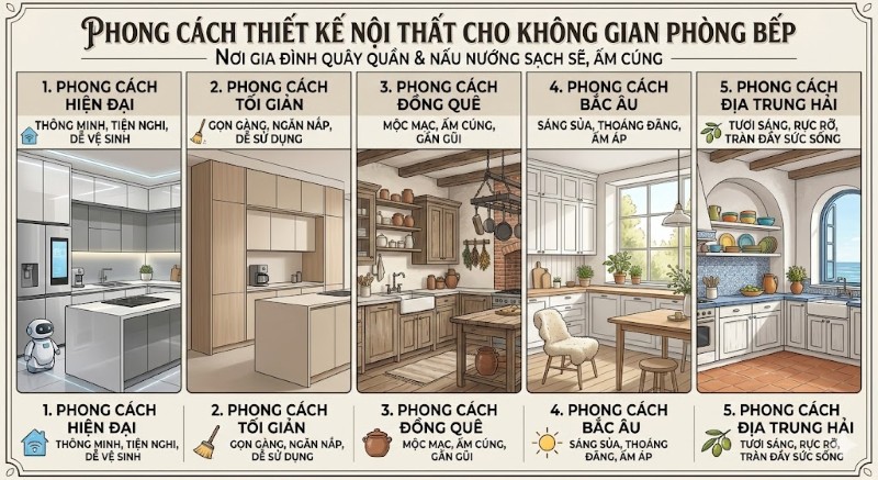 Phong cách thiết kế nội thất cho không gian phòng bếp
