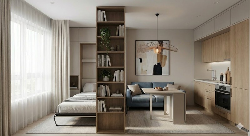 Phân chia không gian trong căn hộ studio 30m2 bằng cách khoanh vùng thông minh