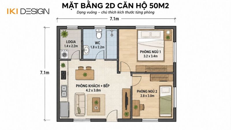 Mặt bằng chung cư 50m2 2 phòng ngủ dạng vuông vức