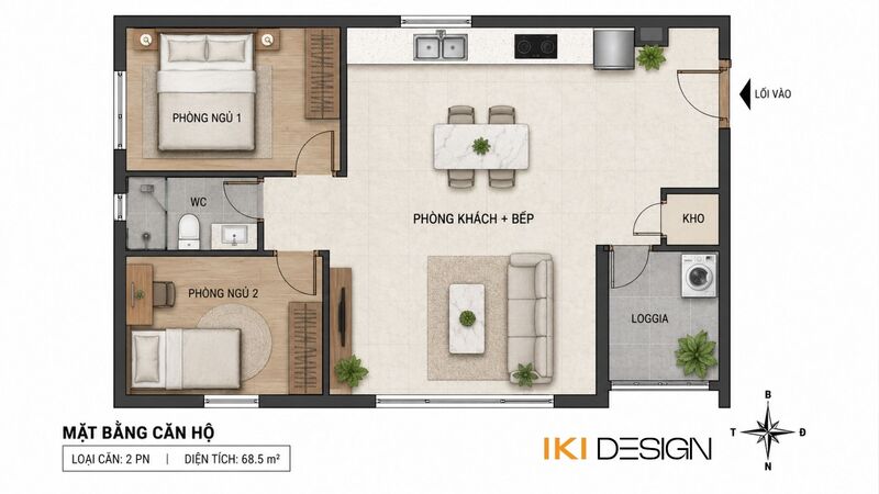 Mặt bằng phòng khách bếp liên thông chung cư 50m2