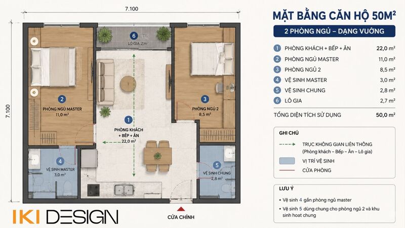 Mặt bằng chung cư 50m2 2 phòng ngủ có 2 vệ sinh