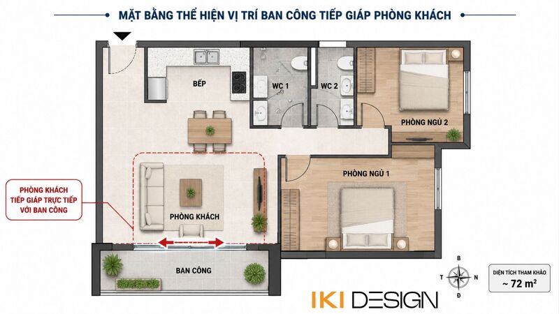 Mặt bằng chung cư 50m2 2 phòng ngủ có ban công