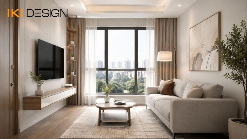 Mẫu phòng khách chung cư 50m2 2 phòng ngủ