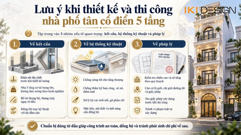 Những lưu ý khi thiết kế và thi công nhà phố tân cổ điển 5 tầng