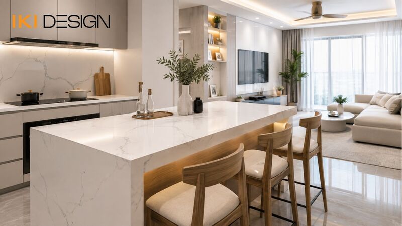 Đảo bếp liên thông phòng khách bếp căn hộ 1 phòng ngủ
