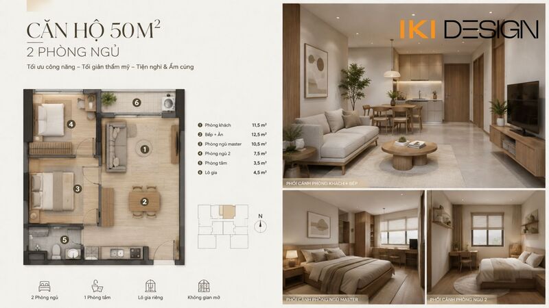 Thiết kế nội thất chung cư 2 phòng ngủ 50m2 Thiết kế nội thất chung cư 2 phòng ngủ 50m2