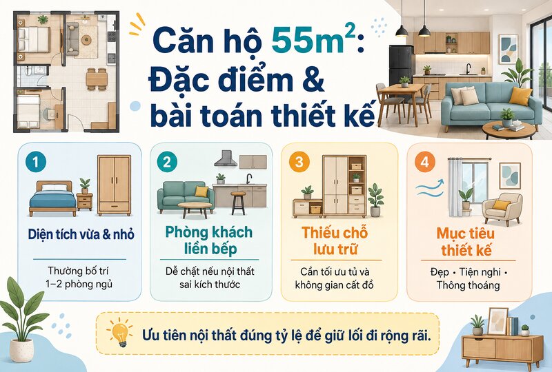 Đặc điểm căn hộ 55m2 và những bài toán cần giải quyết
