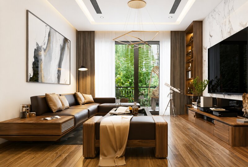 Nội thất tone gỗ sáng căn hộ 55m2