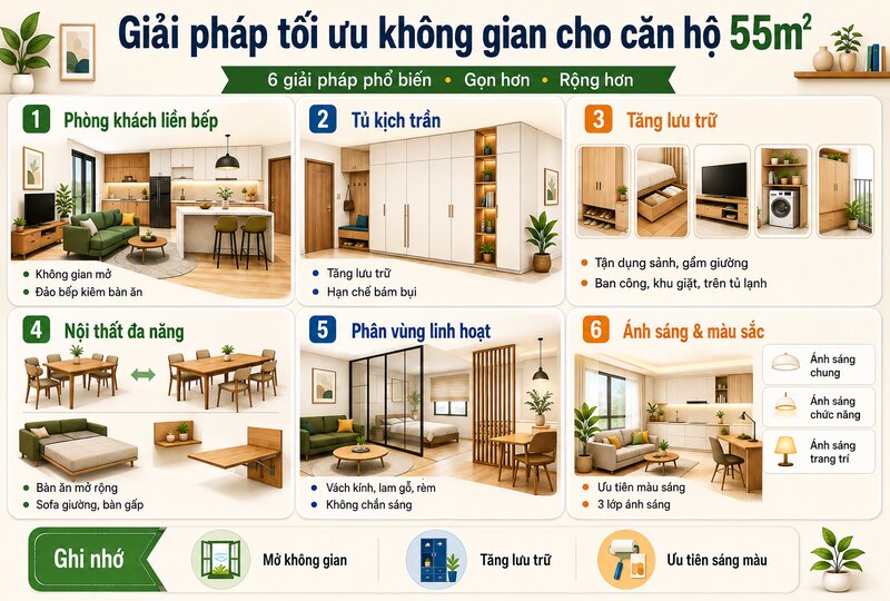 Giải pháp tối ưu không gian cho căn hộ 55m2