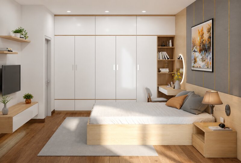 Tủ quần áo kịch trần tích hợp bàn làm việc giúp phòng ngủ căn hộ 55m2 tận dụng tối đa diện tích