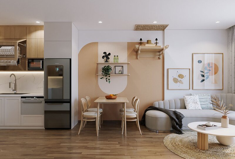 Nội thất chung cư 55m2 1 phòng ngủ với không gian mở