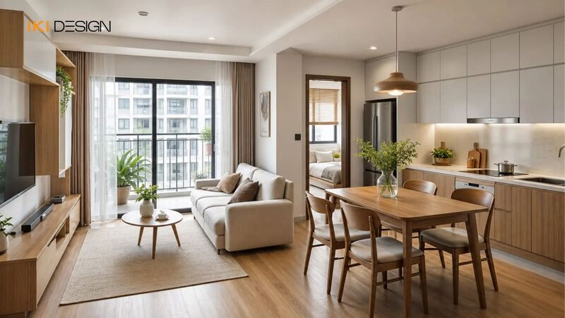 Phòng khách liền bếp trong căn hộ 60m2