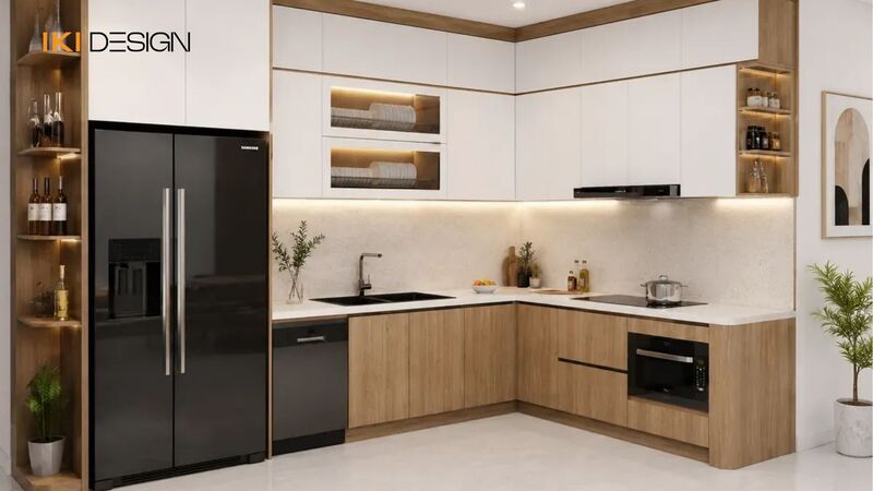 Tủ bếp chữ L áp tường trong căn hộ 60m2