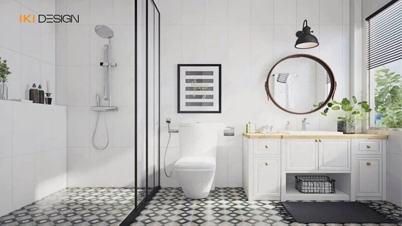 Phòng tắm căn hộ 60m2 với vách kính ngăn khô ướt 