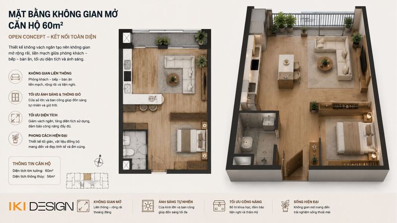 Mặt bằng không gian mở căn hộ 60m2