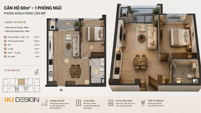Mặt bằng và phối cảnh căn hộ 60m2 1 phòng ngủ