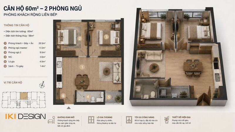 Mặt bằng căn hộ 60m2 2 phòng ngủ