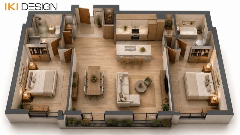 Mặt bằng thiết kế nội thất chung cư 80m2 2 phòng ngủ