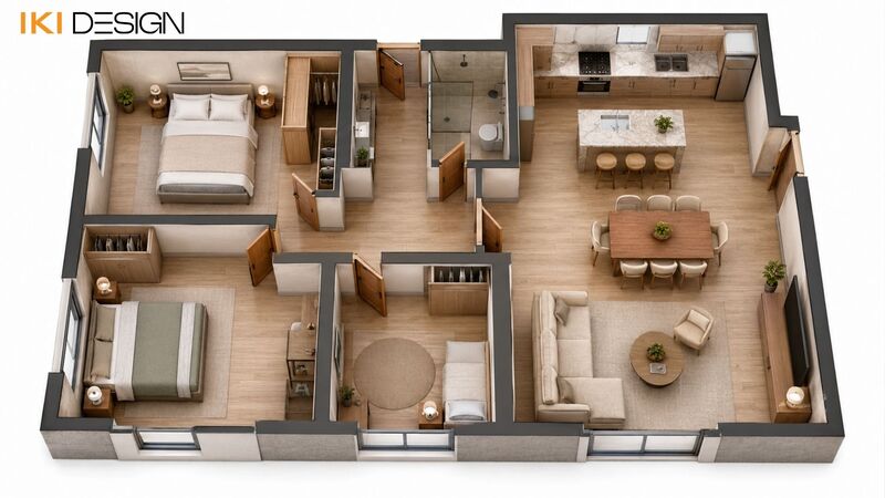 Mặt bằng thiết kế nội thất chung cư 80m2 3 phòng ngủ