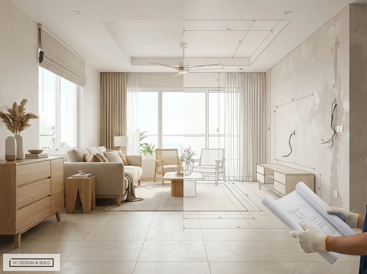 Phòng khách với thiết kế cải tạo nội thất, một bên hoàn thiện hiện đại cùng sàn gạch, bên còn lại là bản vẽ kỹ thuật và dây điện trần