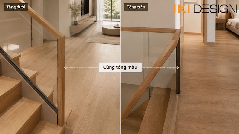 Đồng bộ vật liệu sàn và nội thất giữa hai tầng Duplex Đồng bộ vật liệu sàn và nội thất giữa hai tầng Duplex