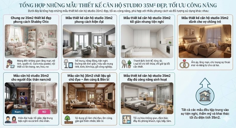 Tổng hợp những mẫu thiết kế căn hộ studio 35m2 đẹp, tối ưu công năng