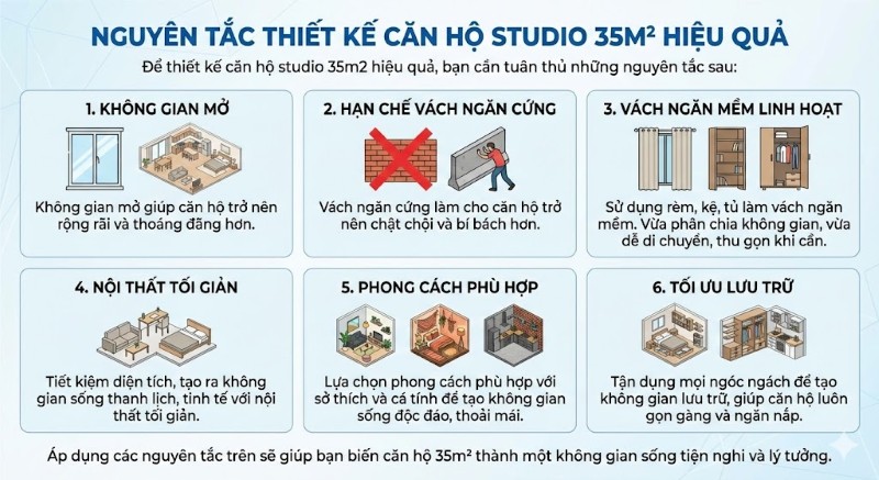 Một số nguyên tắc thiết kế căn hộ studio 35m2 hiệu quả