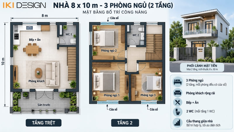 Sơ đồ minh họa nhà 8x10m 3 phòng ngủ