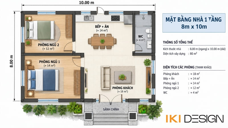 Bản vẽ mặt bằng nhà 1 tầng 8x10m