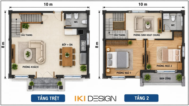 Bản vẽ mặt bằng nhà 2 tầng 8x10m